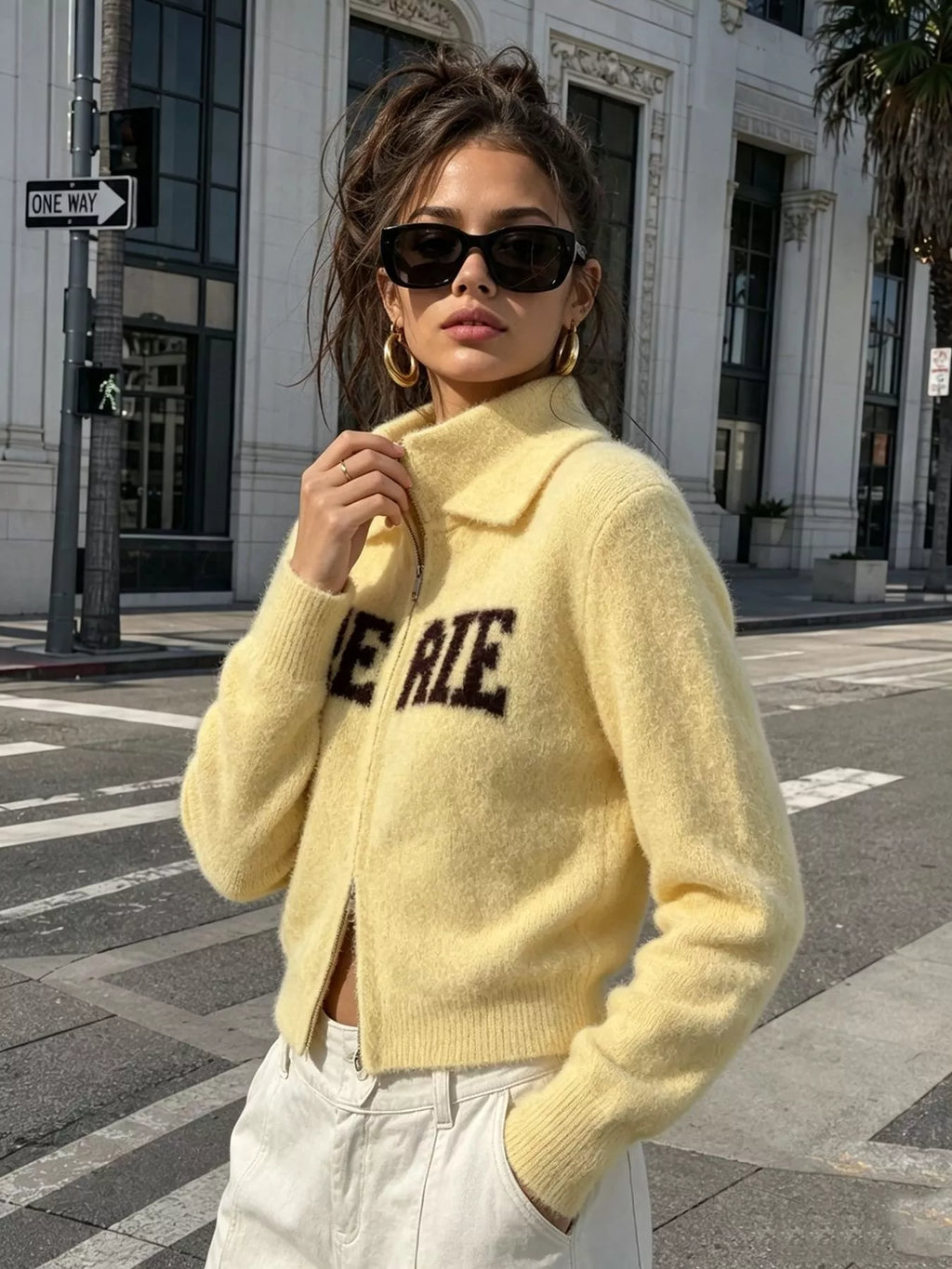 Fuzzy Letter Zip-Up Cardigan