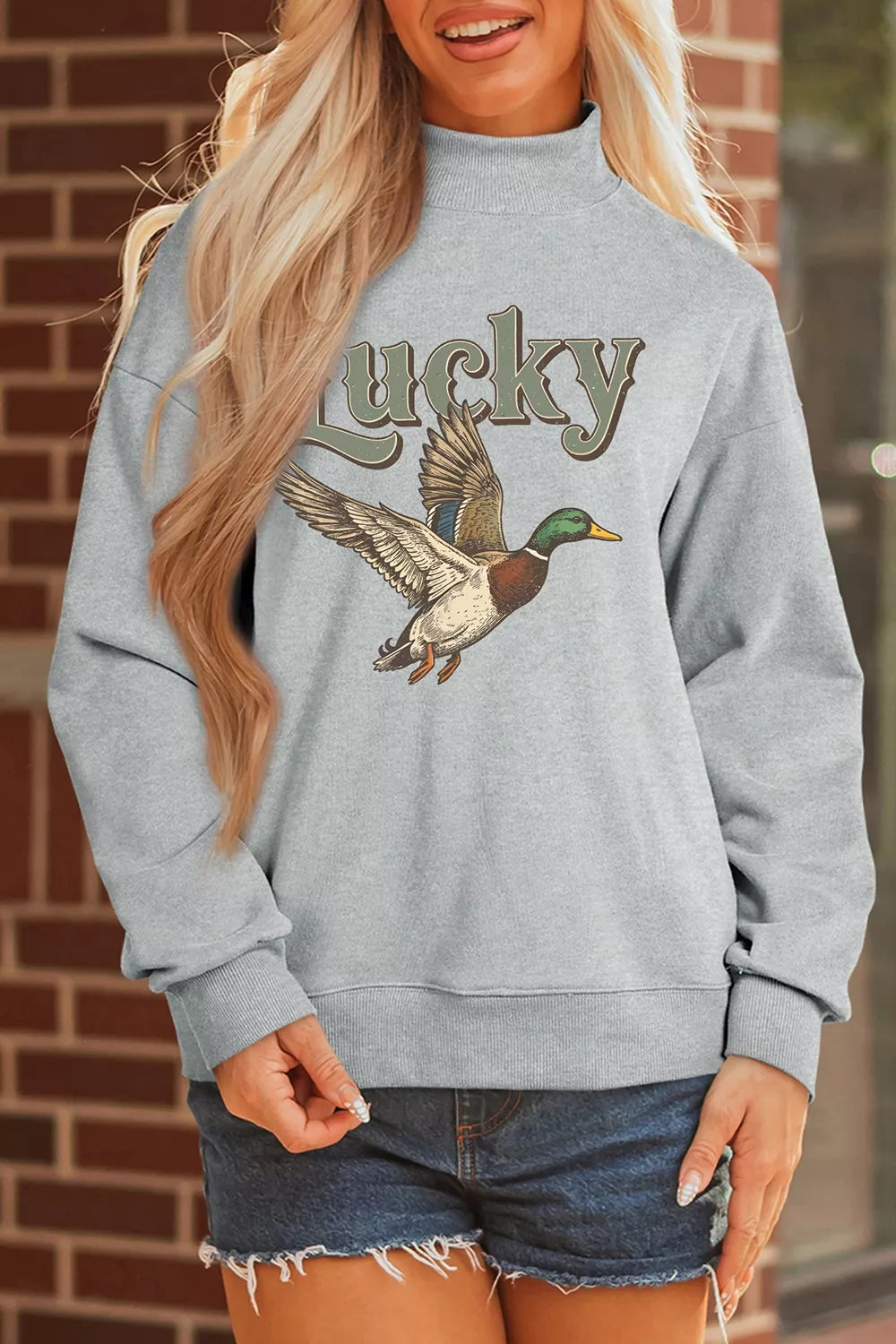 Lucky Mallard Graphic Mock Neck Casual Sweatshirt