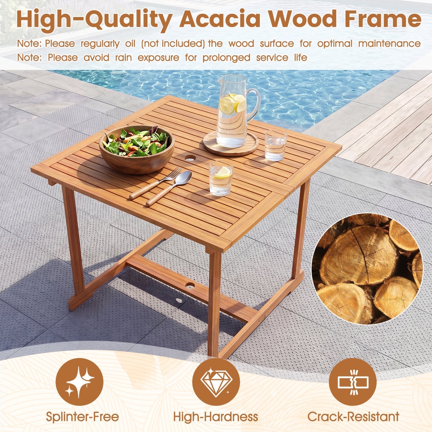 35.5" Acacia Wood Outdoor Dining Table with Umbrella Hole