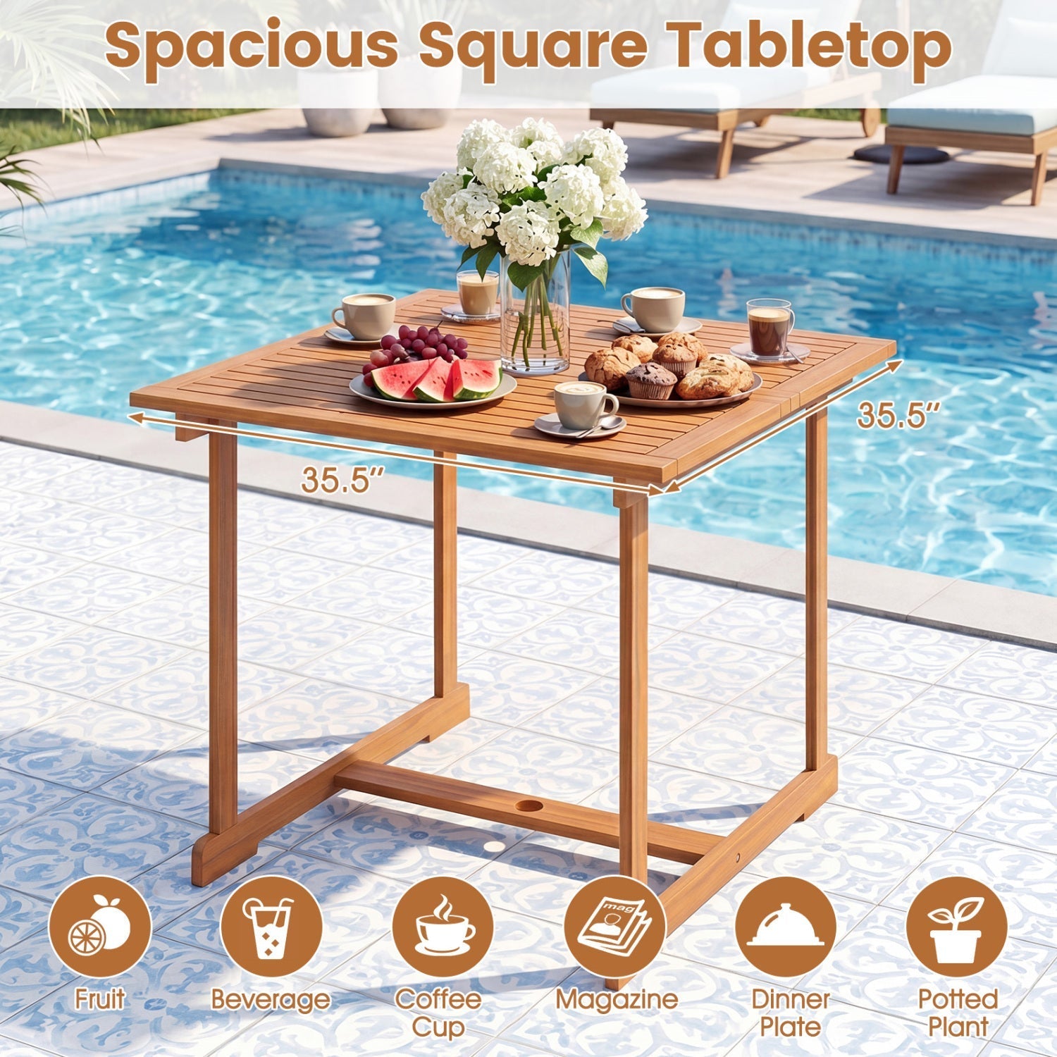 35.5" Acacia Wood Outdoor Dining Table with Umbrella Hole