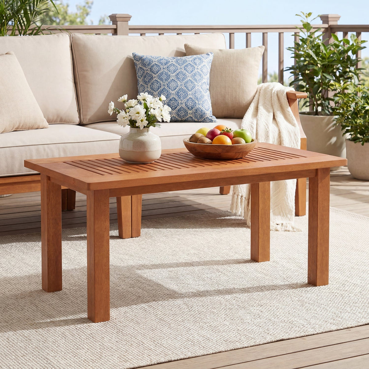 Rectangular Outdoor Coffee Table with Slatted Hardwood Top