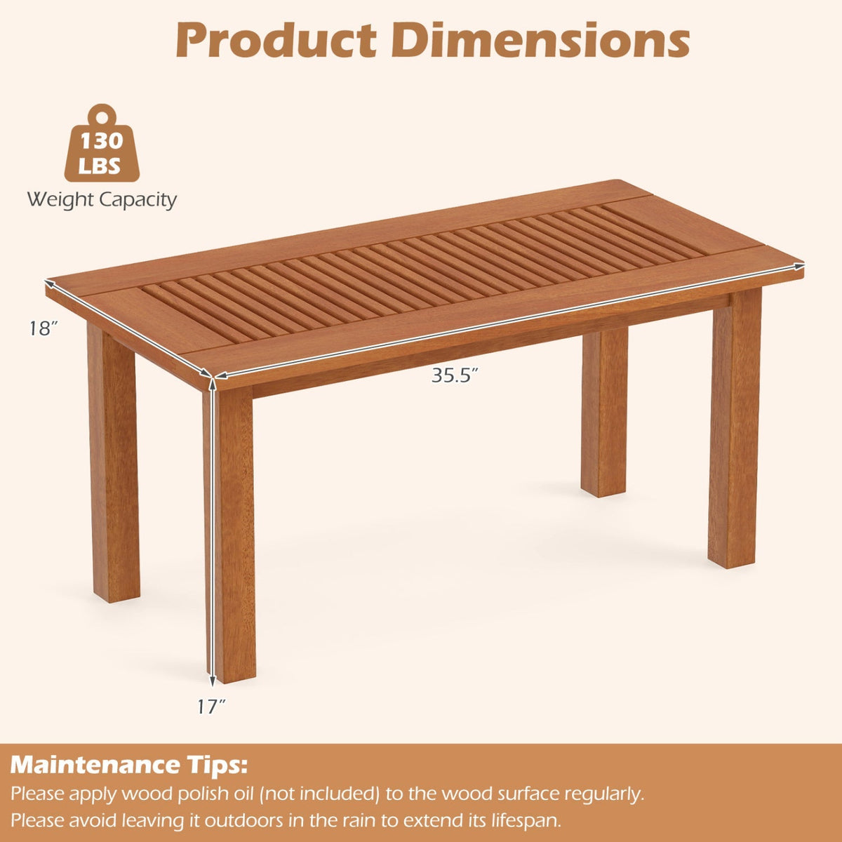 Rectangular Outdoor Coffee Table with Slatted Hardwood Top