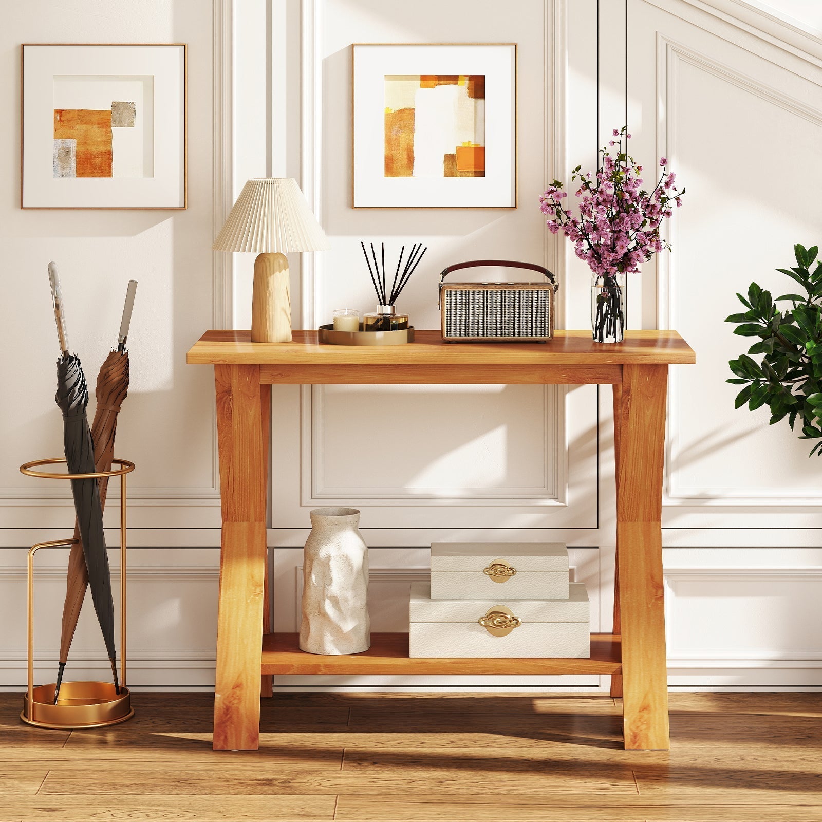 35 Inch Solid Teak Wood Console Table with Storage Shelf