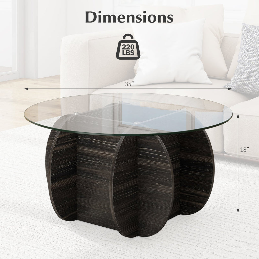 35" Round Coffee Table Unique Circle Center Table with Tempered Glass Top and Solid Wood Base-Black