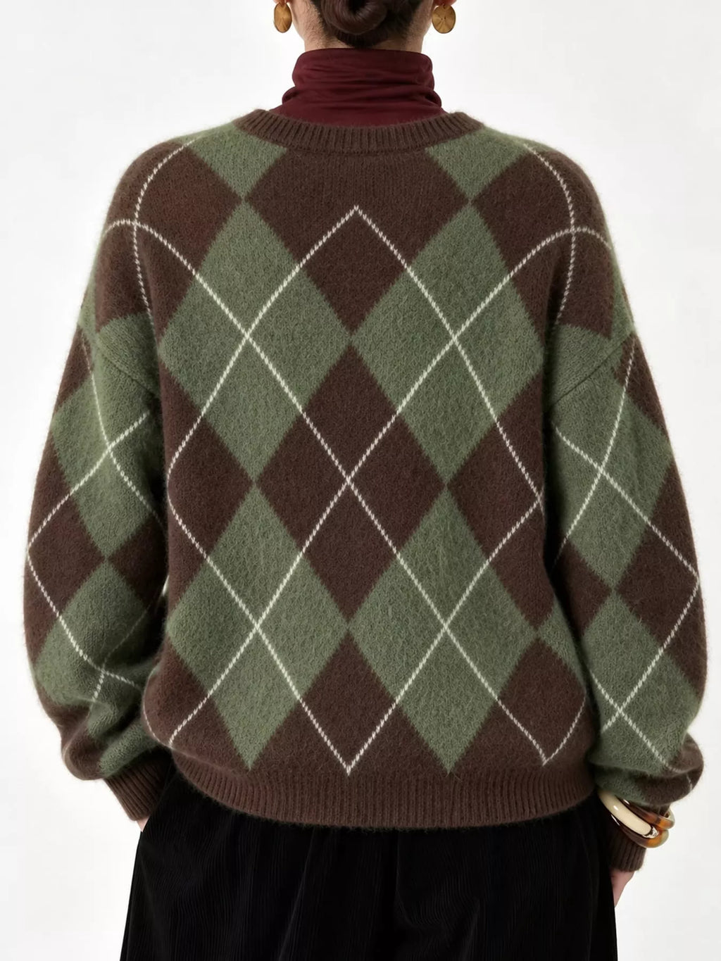 Argyle Pattern Fuzzy Knit Sweater