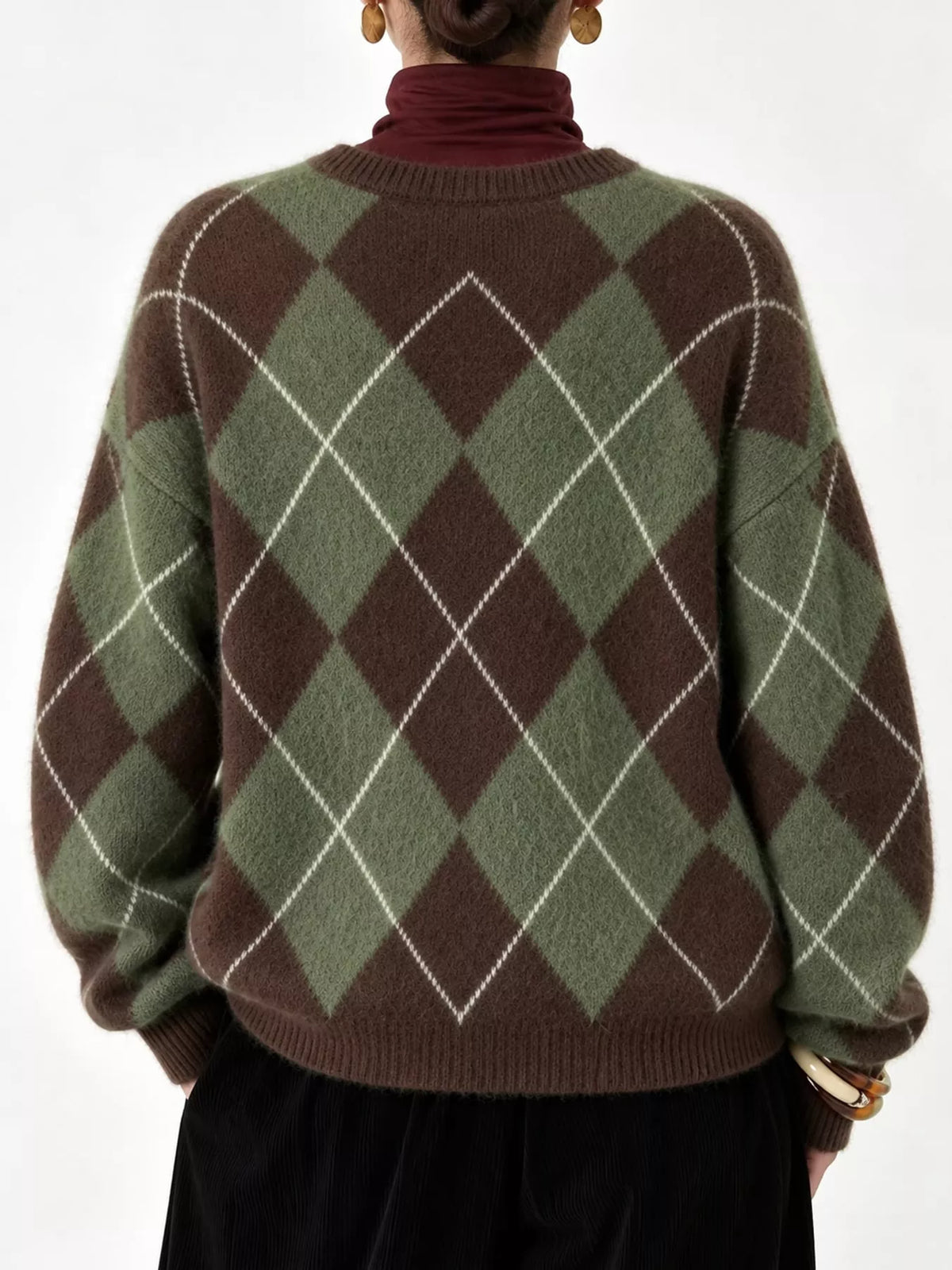Argyle Pattern Fuzzy Knit Sweater