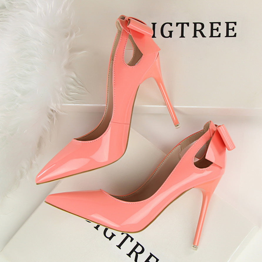 Women's Solid Color Cutout Back Bow High Heels See size chart under “more details”