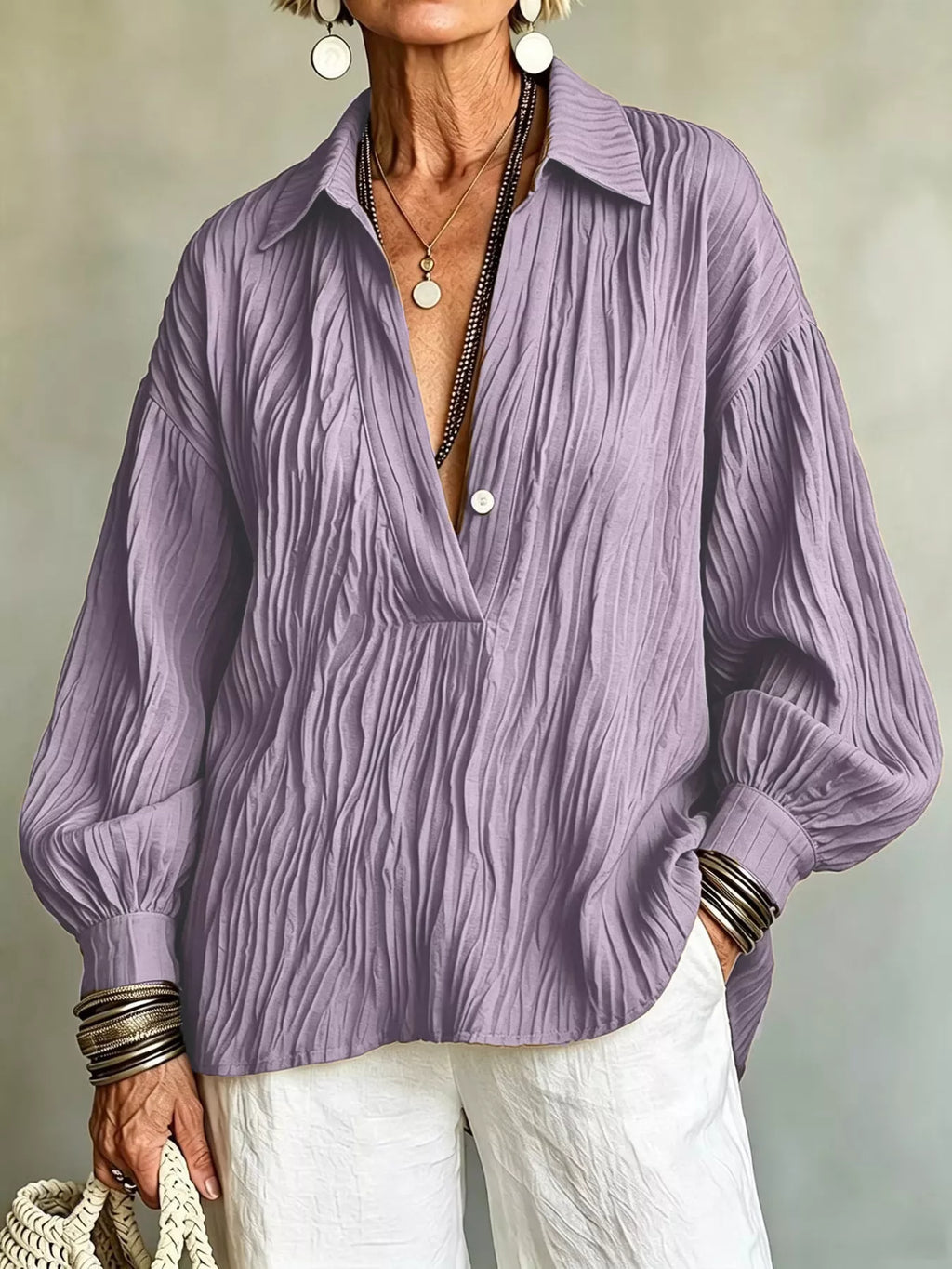 Full Size Texture Long Sleeve Blouse Plus Size