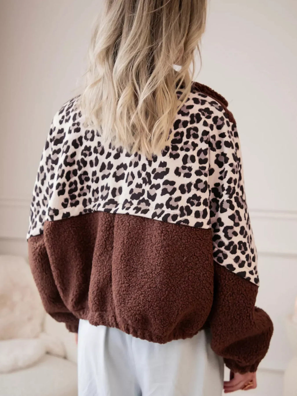 Leopard Patchwork Fleece Western Style Zip-up Collar Jacket