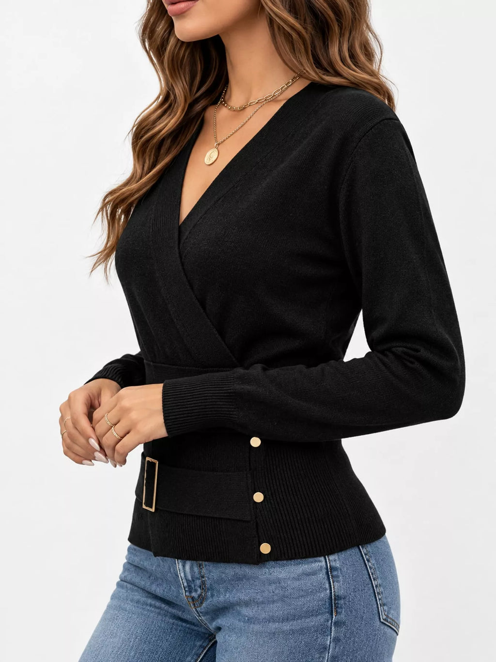 Surplice Elastic Waist Long Sleeve Knit Top