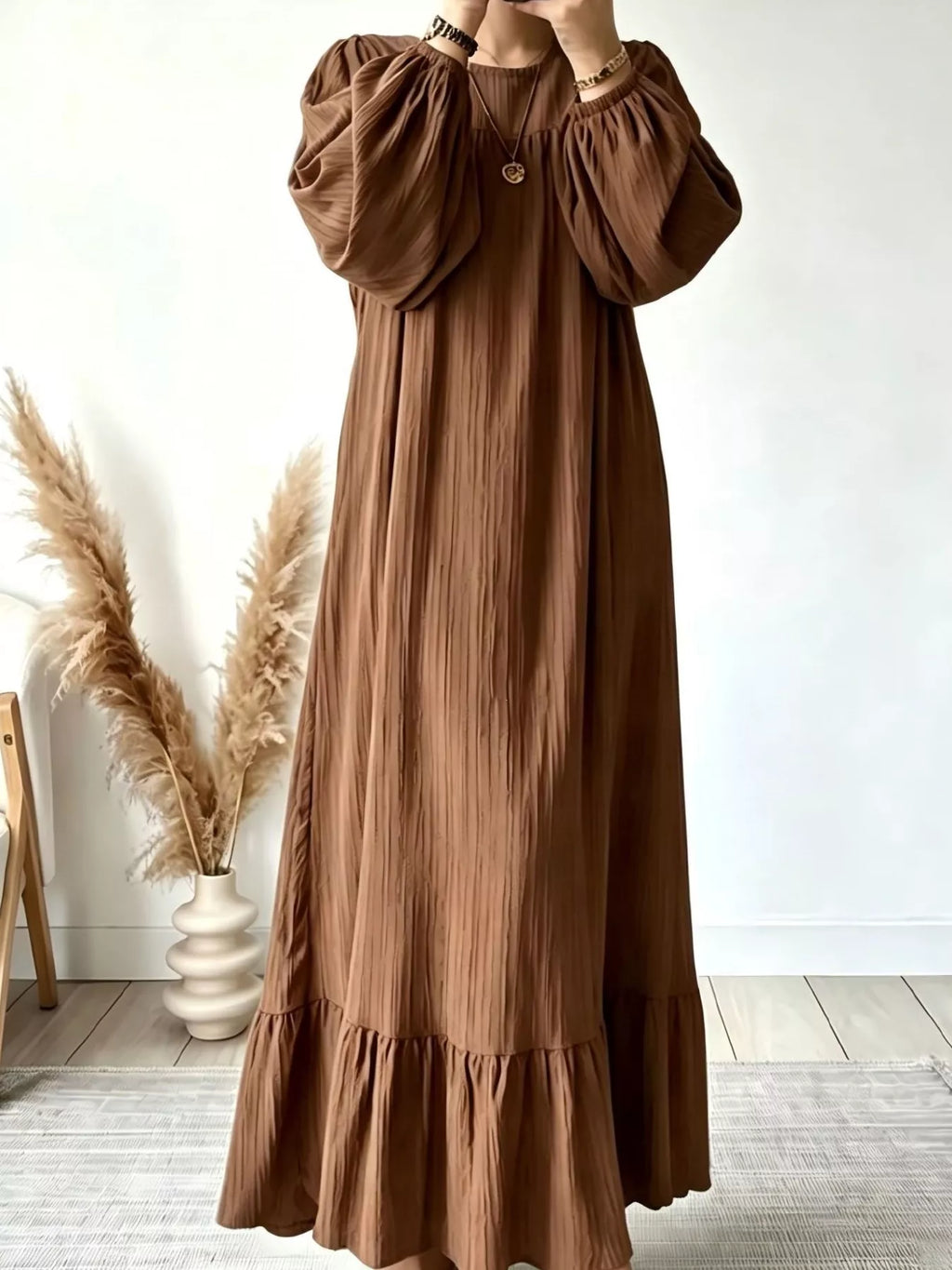 Full Size Textured Puff-Sleeve Maxi Dress Plus Size