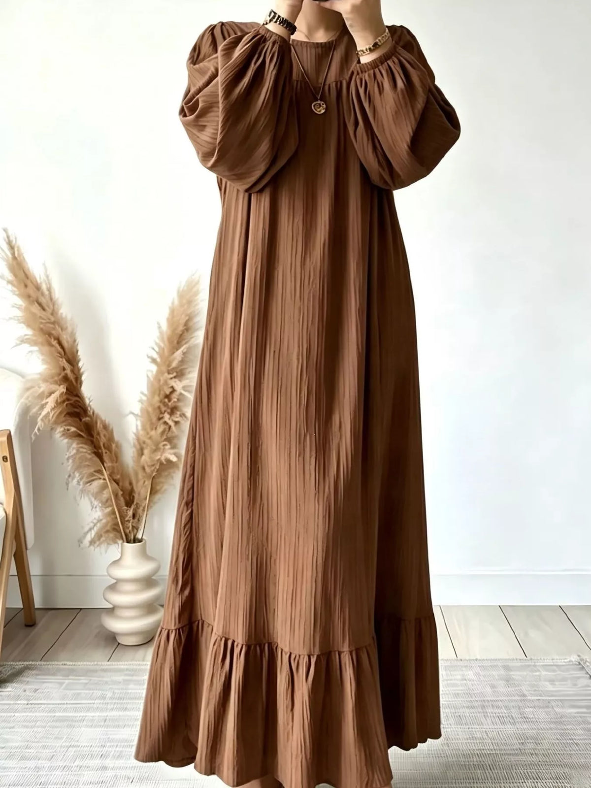 Full Size Textured Puff-Sleeve Maxi Dress Plus Size