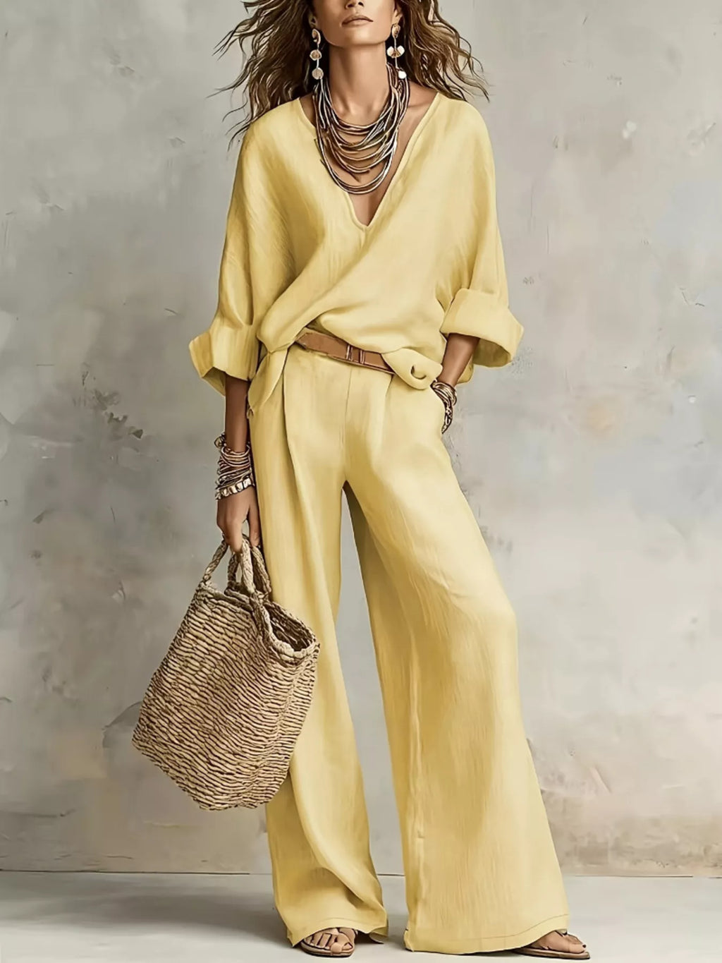 Full Size Loose Fit Top and Wide-Leg Pants Set Plus Size