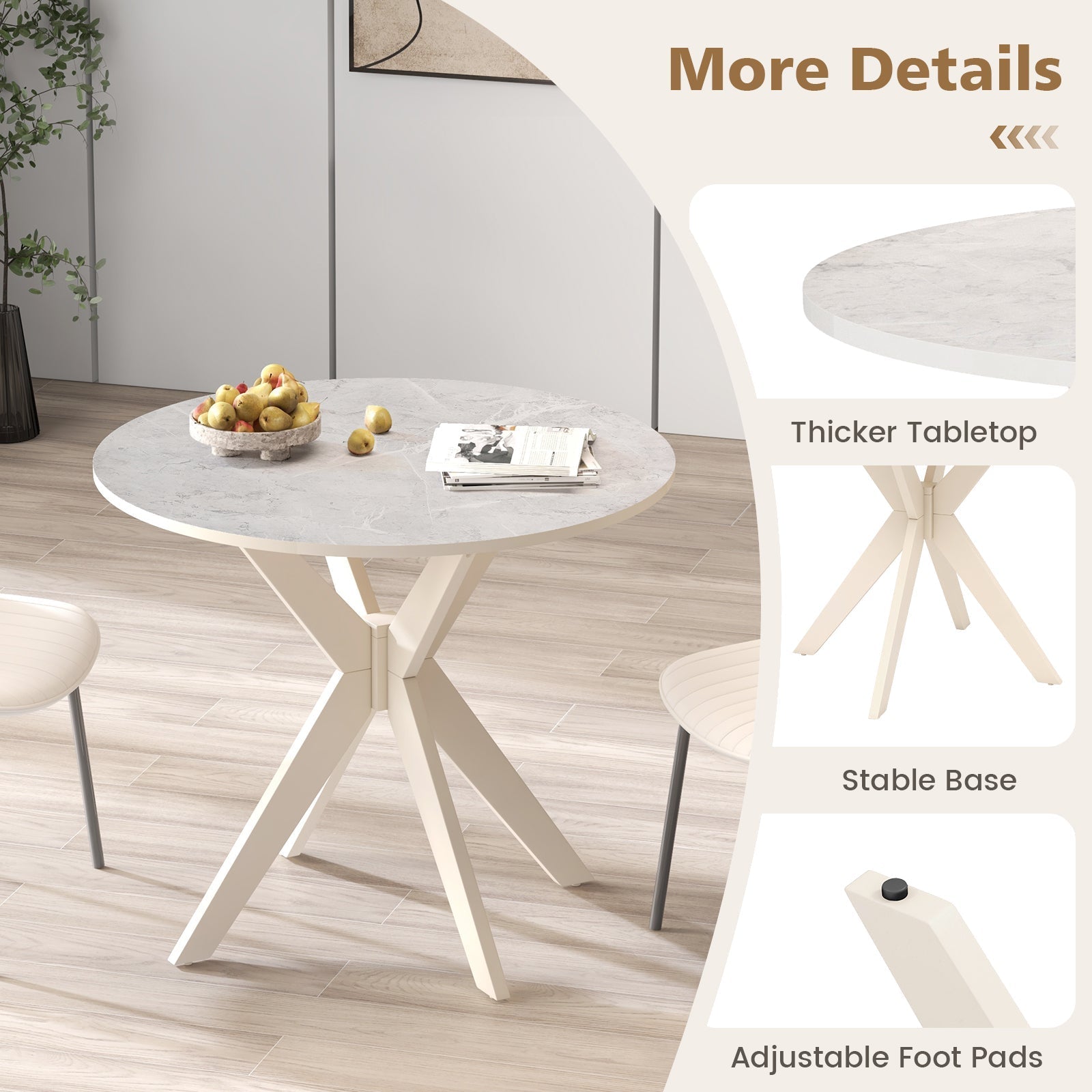 36-Inch Mid Century Modern Kitchen Table with Faux Marble Tabletop and Solid Rubber Wood Legs
