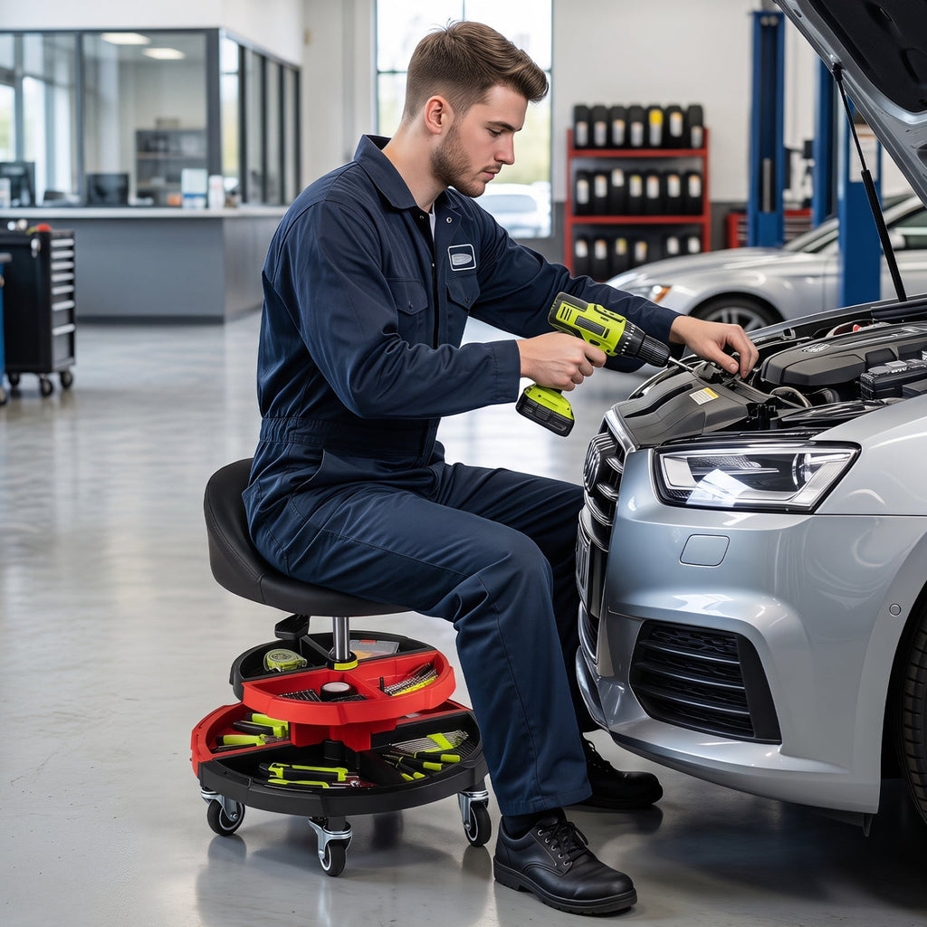 Rolling Mechanic Stool with Adjustable Height & Tool Trays
