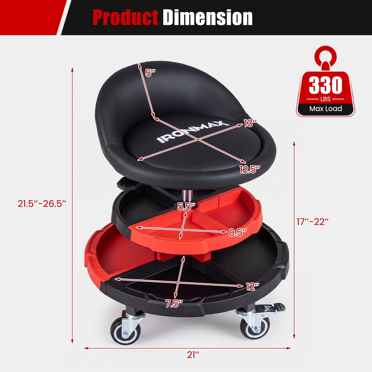 Rolling Mechanic Stool with Adjustable Height & Tool Trays