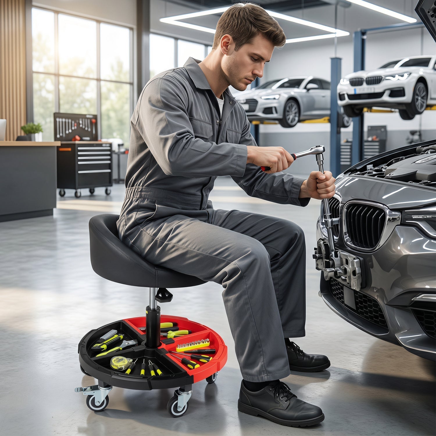 Rolling Mechanic Stool with Adjustable Height & Tool Tray