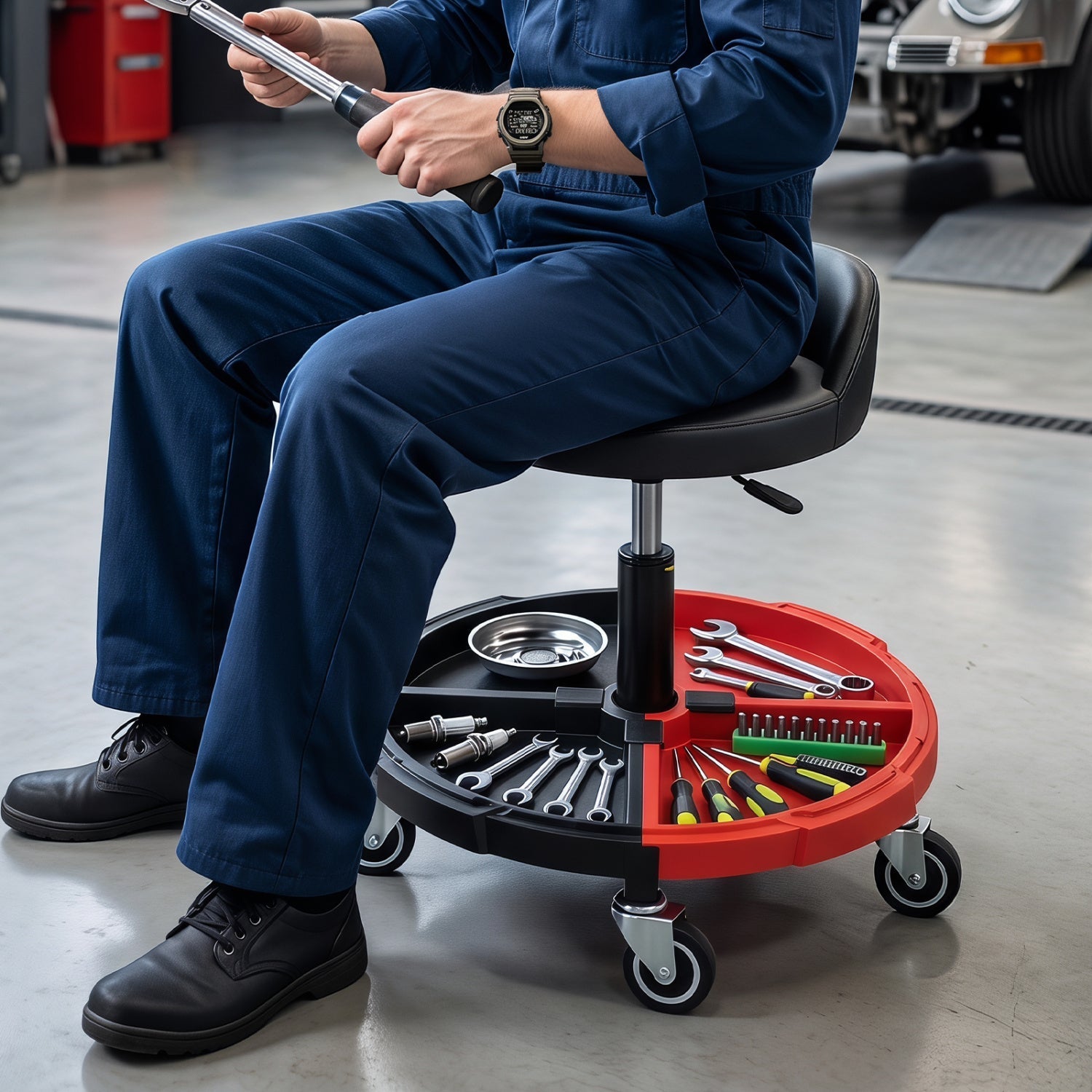 Rolling Mechanic Stool with Adjustable Height & Tool Tray