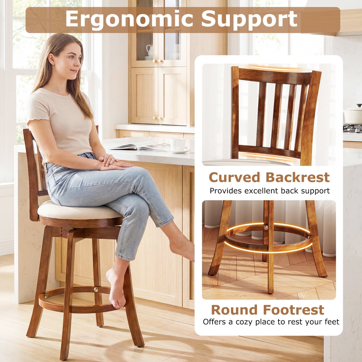 360¬∞ Rotating Counter Height Chairs Set of 2 with Upholstered Seat and Backrest
