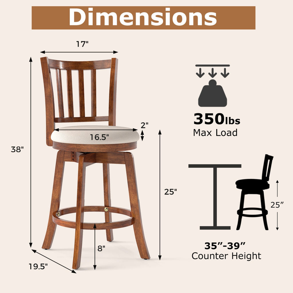 360¬∞ Rotating Counter Height Chairs Set of 2 with Upholstered Seat and Backrest