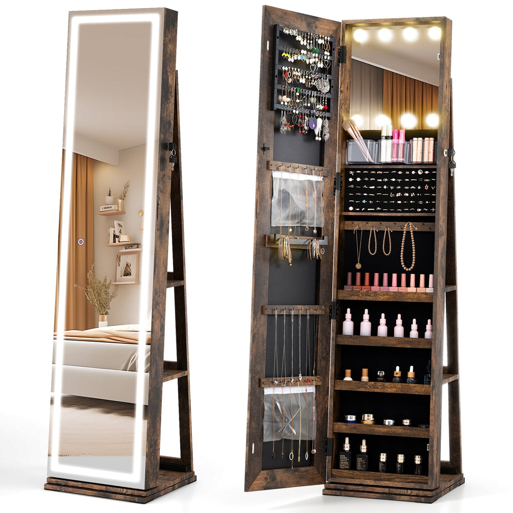 360¬∞ Swivel Freestanding Jewelry Cabinet with Lighted Full Length Mirror
