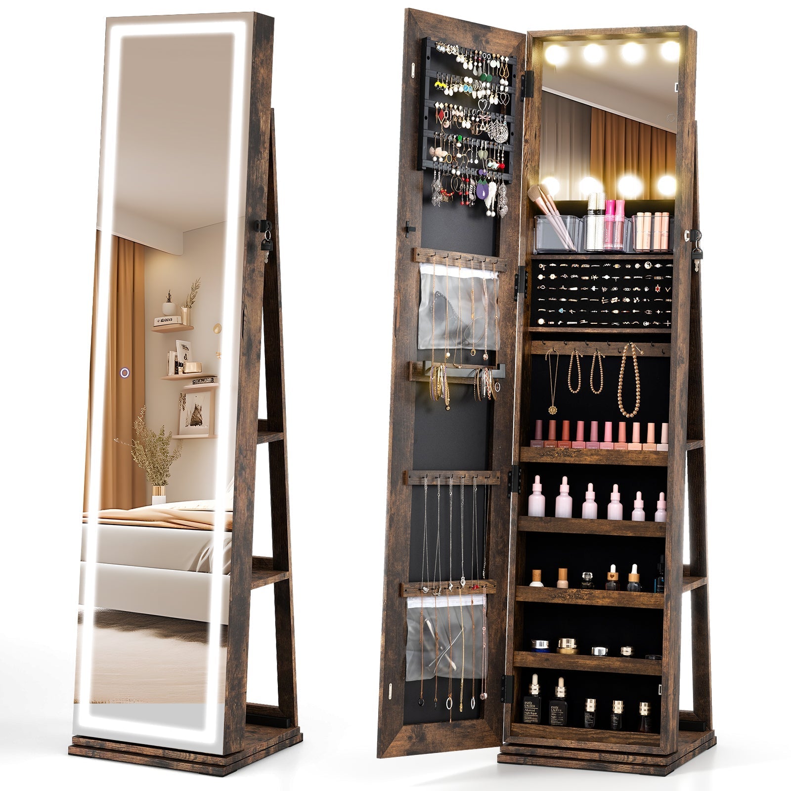 360¬∞ Swivel Freestanding Jewelry Cabinet with Lighted Full Length Mirror