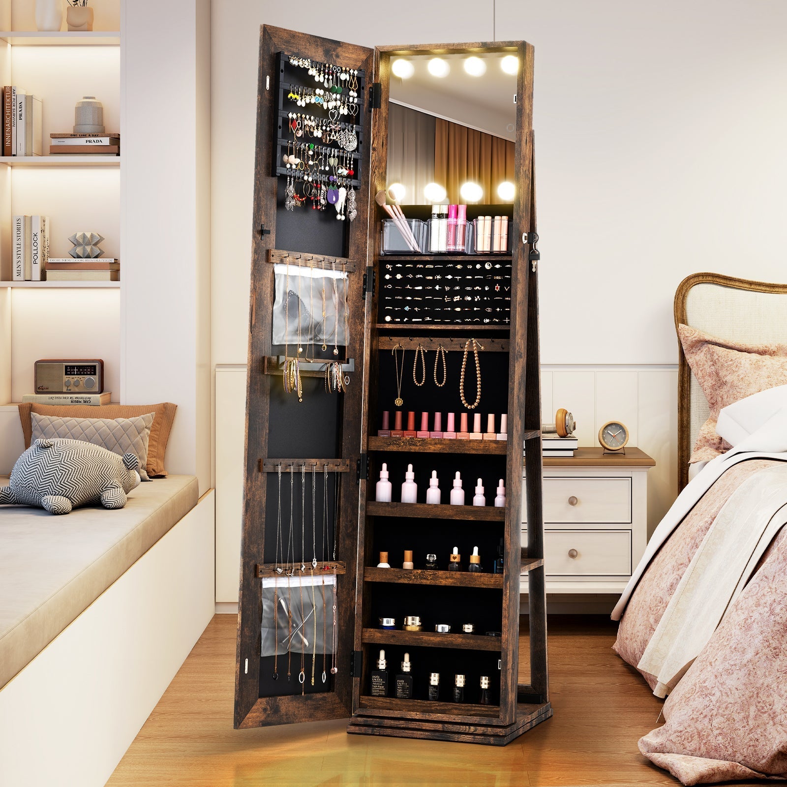 360¬∞ Swivel Freestanding Jewelry Cabinet with Lighted Full Length Mirror