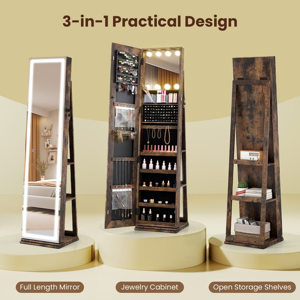 360¬∞ Swivel Freestanding Jewelry Cabinet with Lighted Full Length Mirror