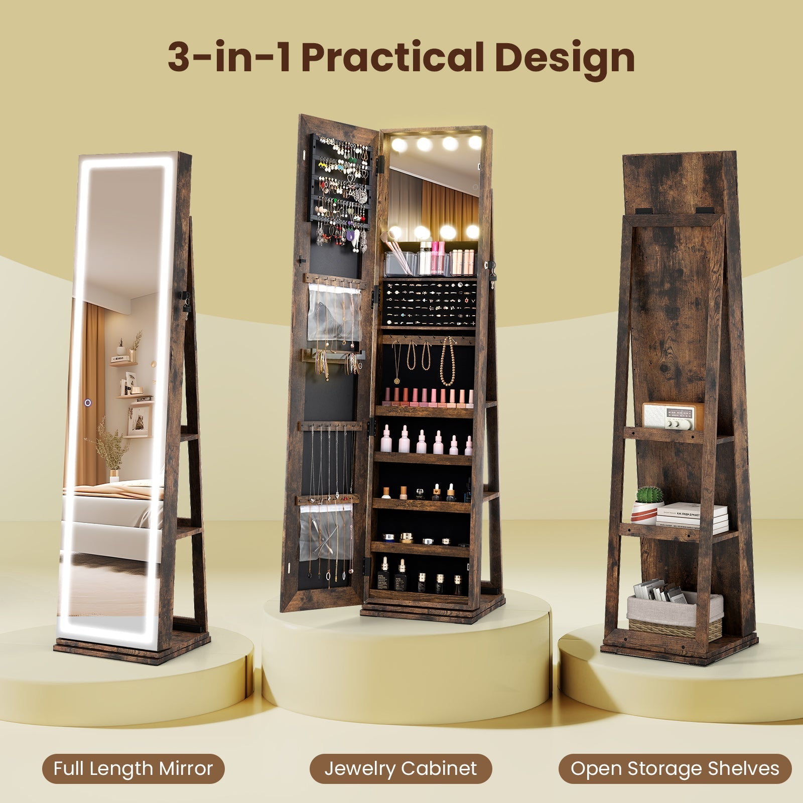 360¬∞ Swivel Freestanding Jewelry Cabinet with Lighted Full Length Mirror