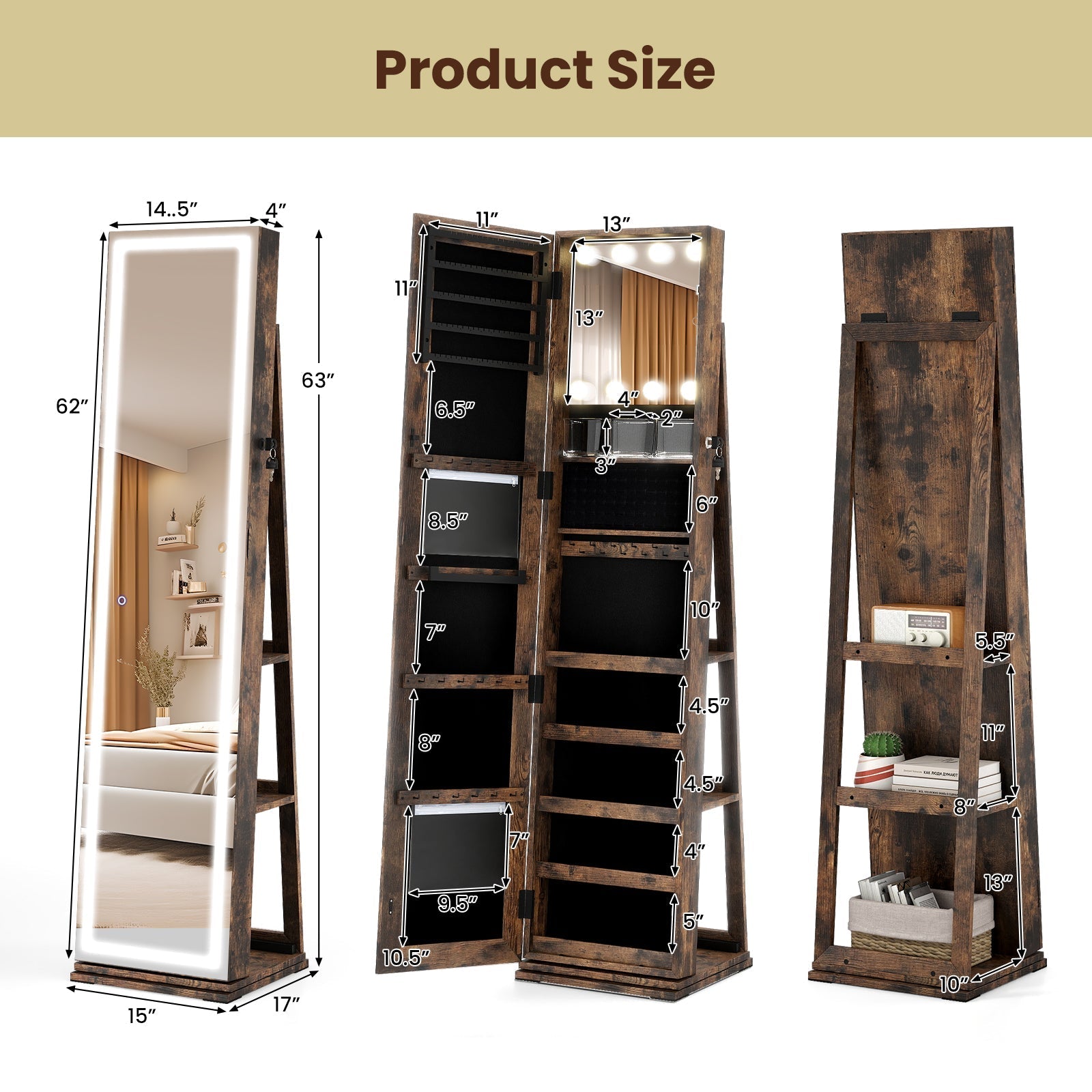 360¬∞ Swivel Freestanding Jewelry Cabinet with Lighted Full Length Mirror