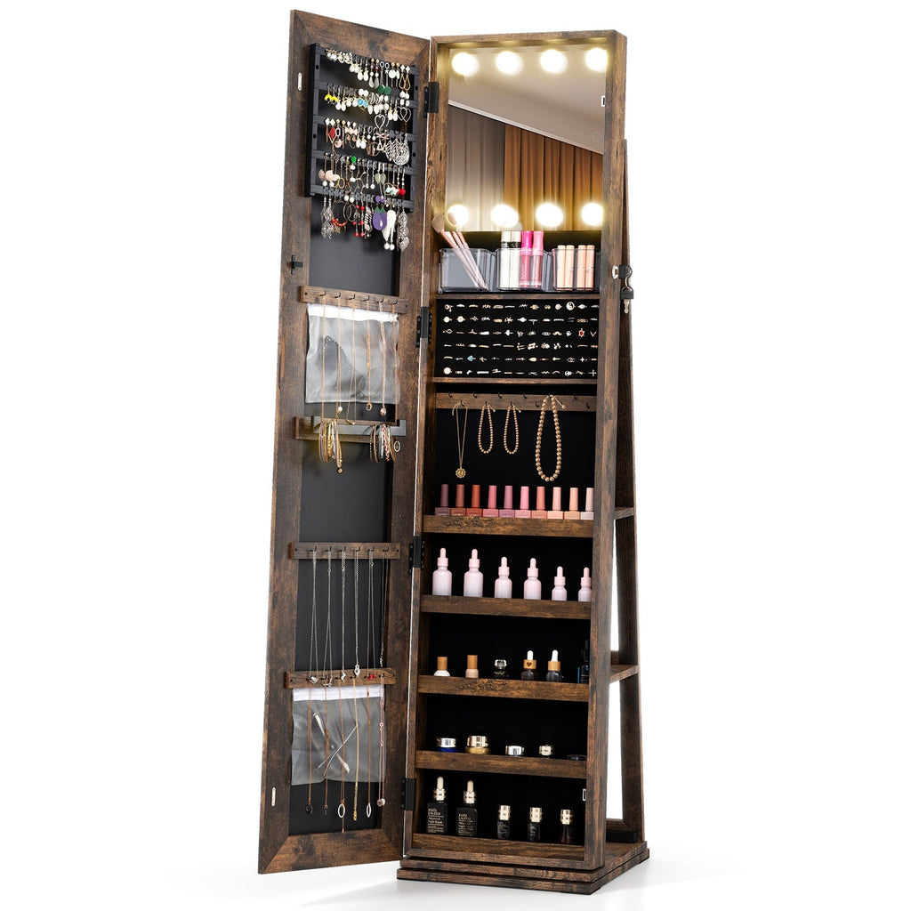 360¬∞ Swivel Freestanding Jewelry Cabinet with Lighted Full Length Mirror