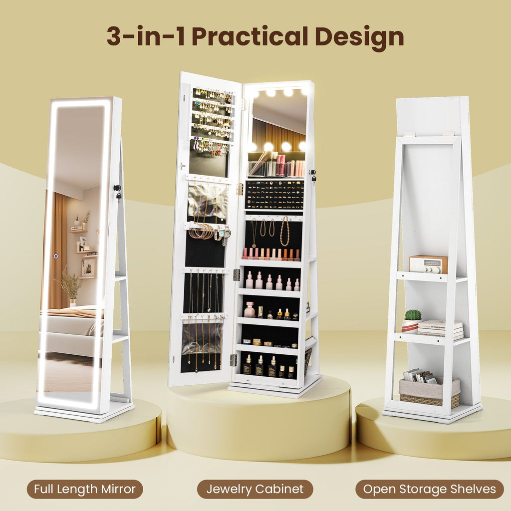 360¬∞ Swivel Freestanding Jewelry Cabinet with Lighted Full Length Mirror