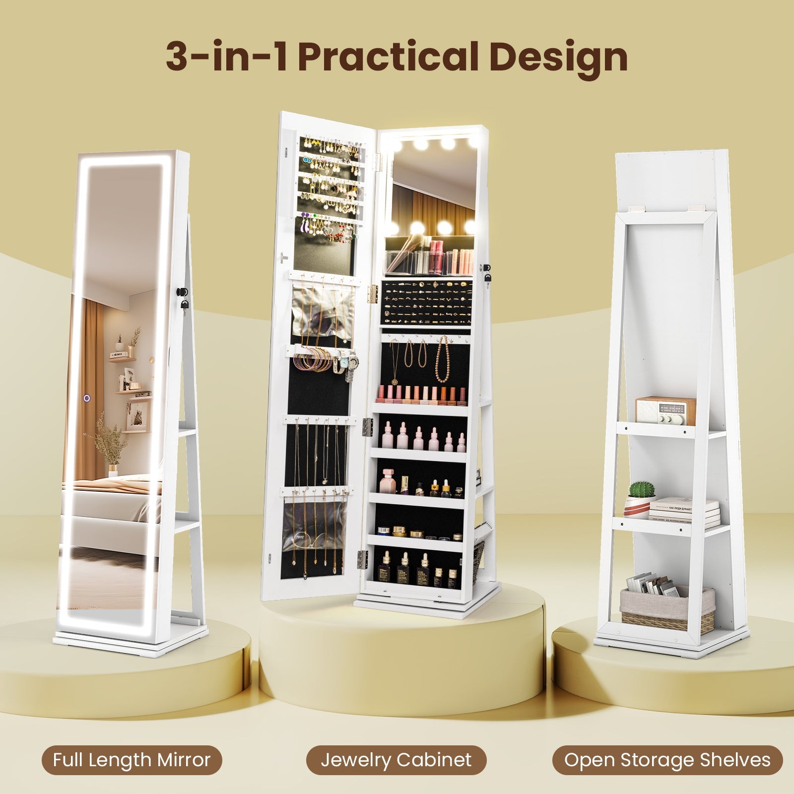360¬∞ Swivel Freestanding Jewelry Cabinet with Lighted Full Length Mirror
