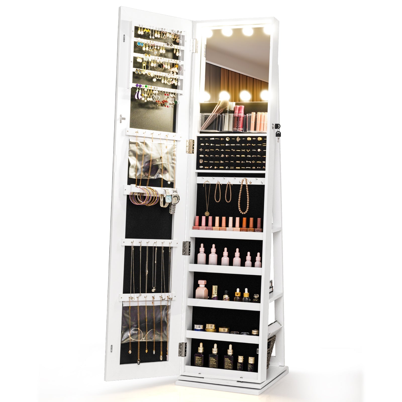 360¬∞ Swivel Freestanding Jewelry Cabinet with Lighted Full Length Mirror