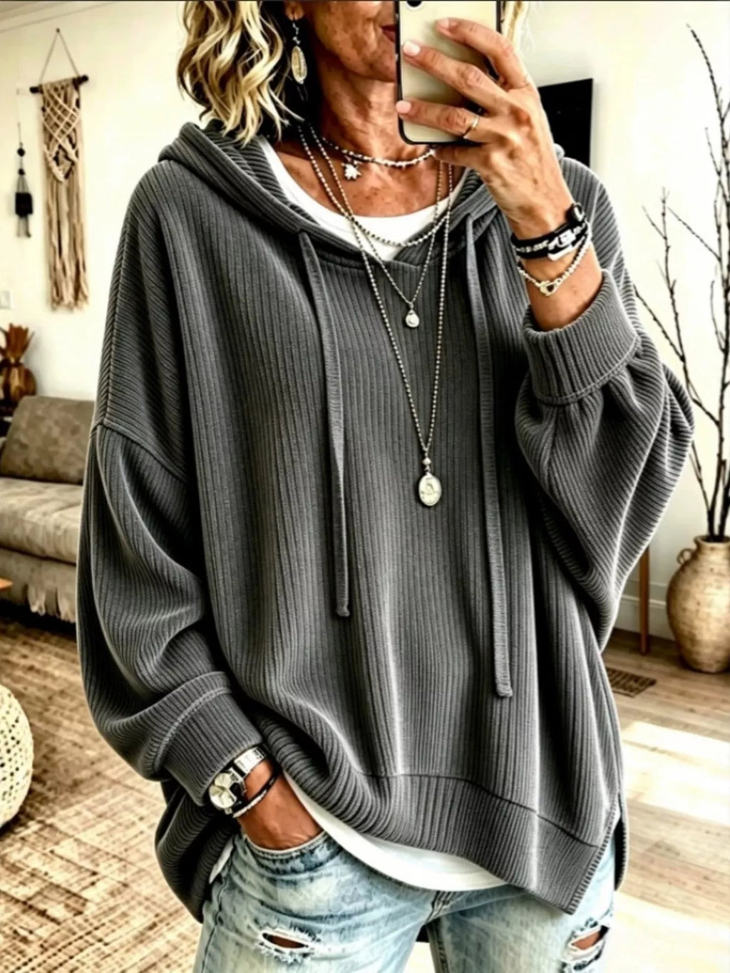 Drawstring Ribbed Knit Hoodie