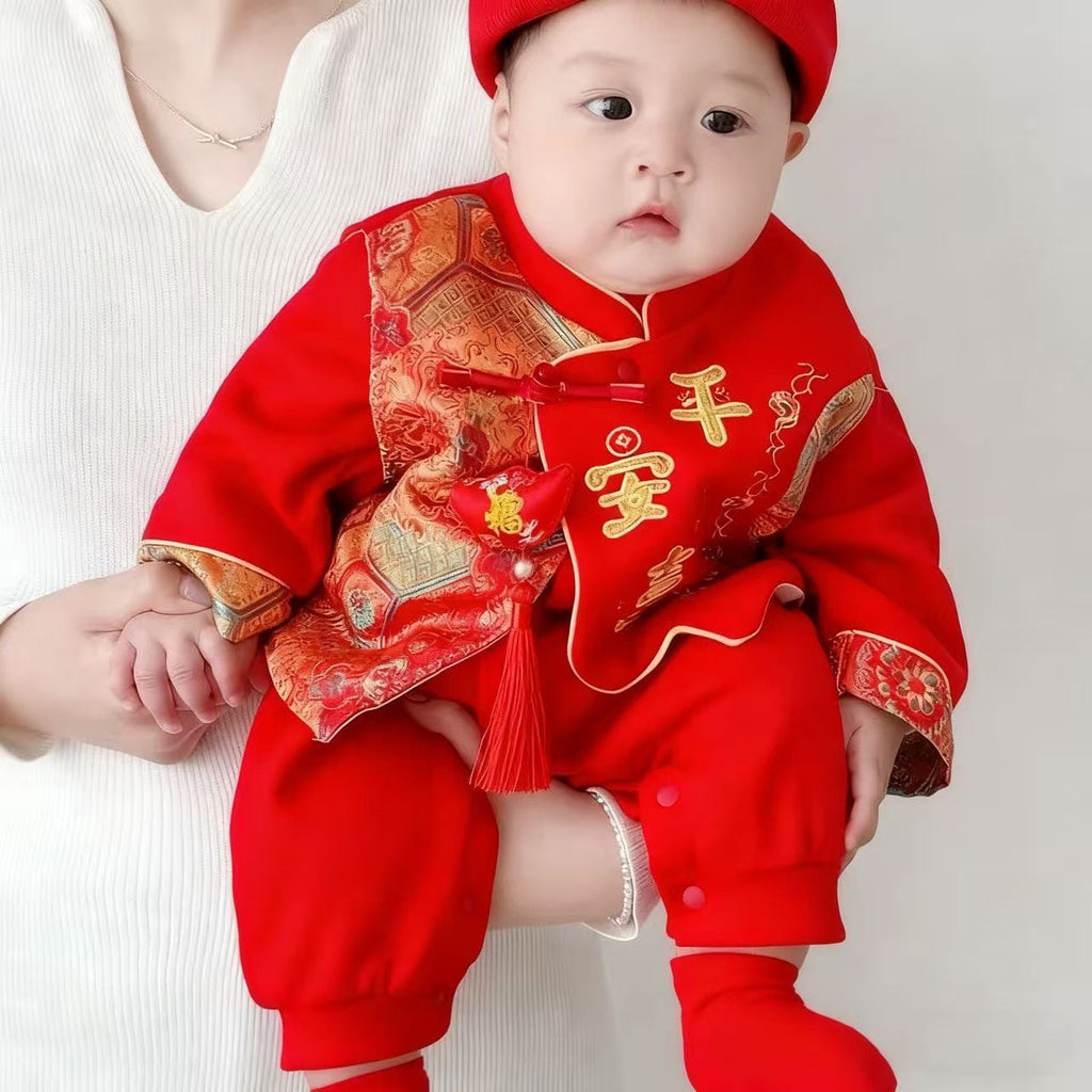 AutumnWinter Red Festive Fleece-Lined Warm RomperCrawling Suit