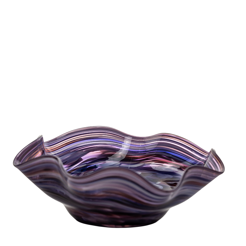 Hand-Blown Swirled Art Glass Centerpiece Bowl – Purple Blue Marbled Accent