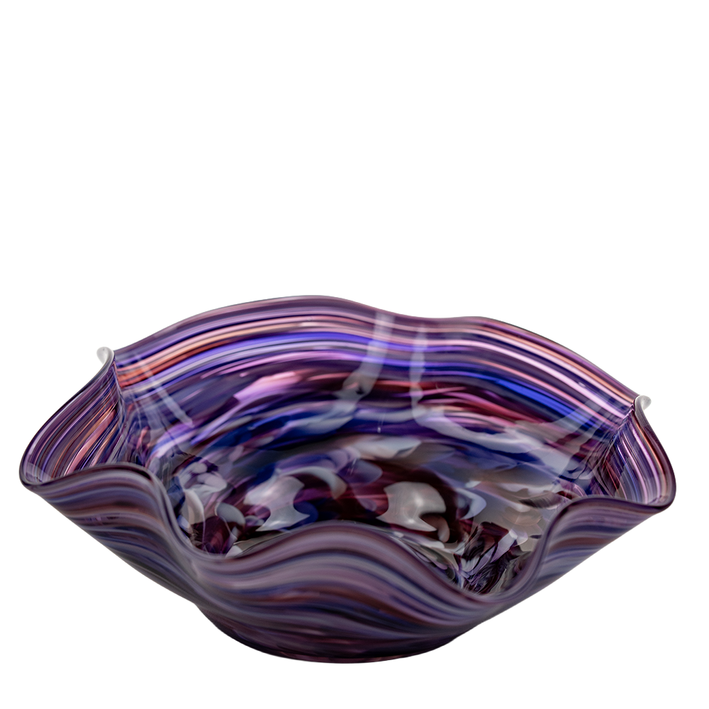 Hand-Blown Swirled Art Glass Centerpiece Bowl – Purple Blue Marbled Accent