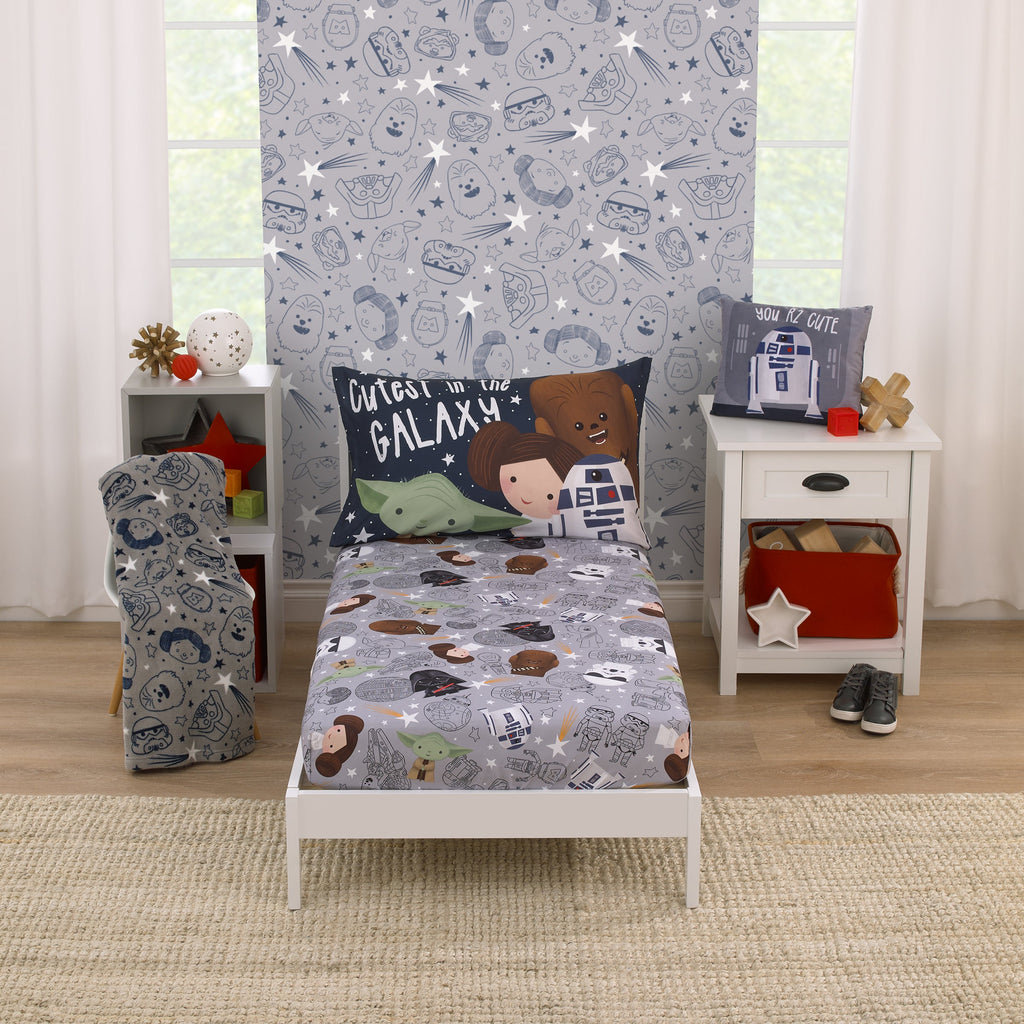 Star Wars Welcome to the Galaxy Navy and Gray Yoda, Princess Leia, R2-D2, and Chewbacca 2 Piece Toddler Sheet Set - Fitted Bottom Sheet and Reversible Pillowcase