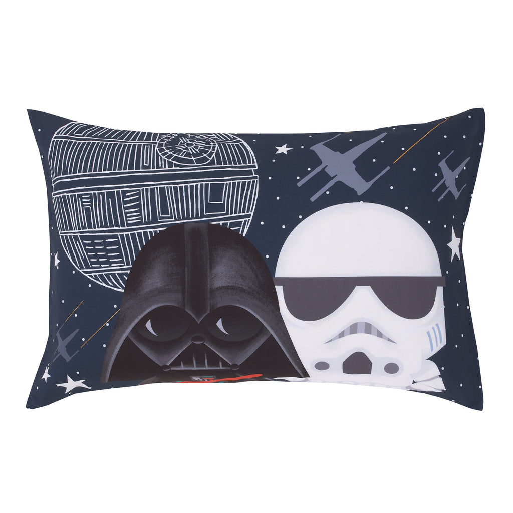 Star Wars Welcome to the Galaxy Navy and Gray Yoda, R2-D2, Chewbacca, and Princess Leia 4 Piece Toddler Bed Set - Comforter, Fitted Bottom Sheet, Flat Top Sheet, and Reversible Pillowcase