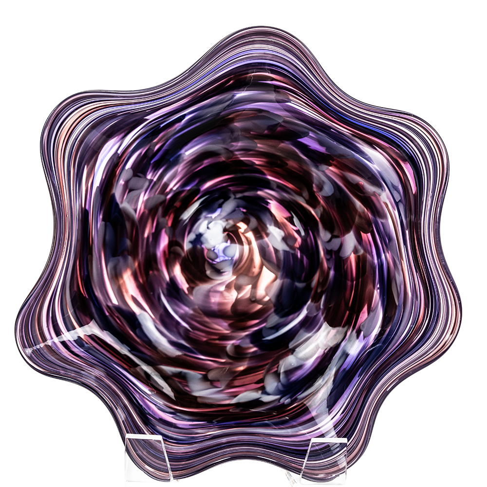 Hand-Blown Swirled Art Glass Centerpiece Bowl – Purple Blue Marbled Accent