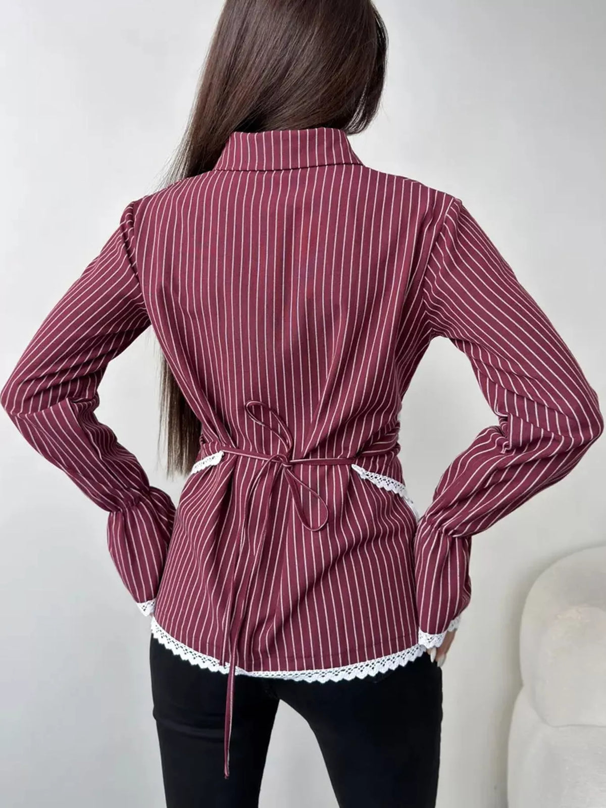 Lace Trim Long Sleeves Striped Shirt