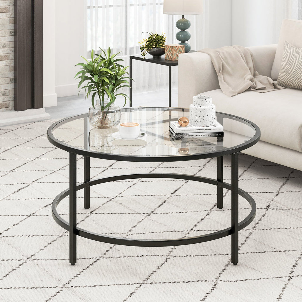 36 Inch Round Coffee Table with Tempered Glass Tabletop