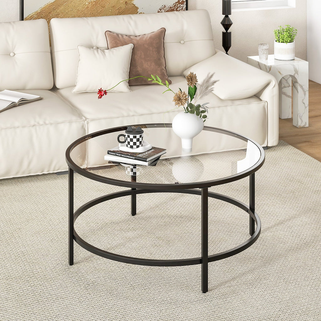 36 Inch Round Coffee Table with Tempered Glass Tabletop