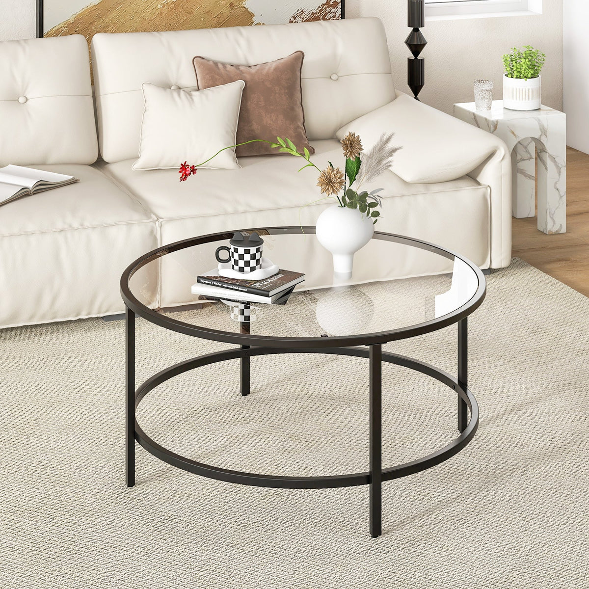 36 Inch Round Coffee Table with Tempered Glass Tabletop