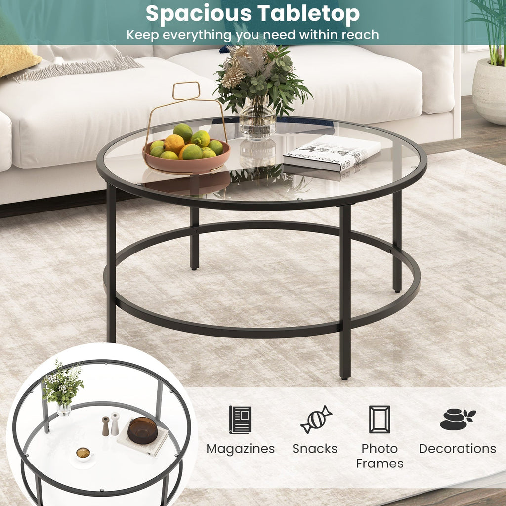 36 Inch Round Coffee Table with Tempered Glass Tabletop