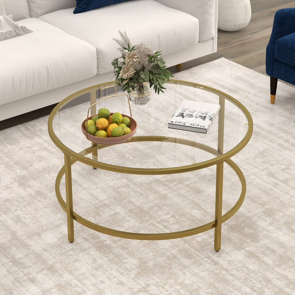 36 Inch Round Coffee Table with Tempered Glass Tabletop