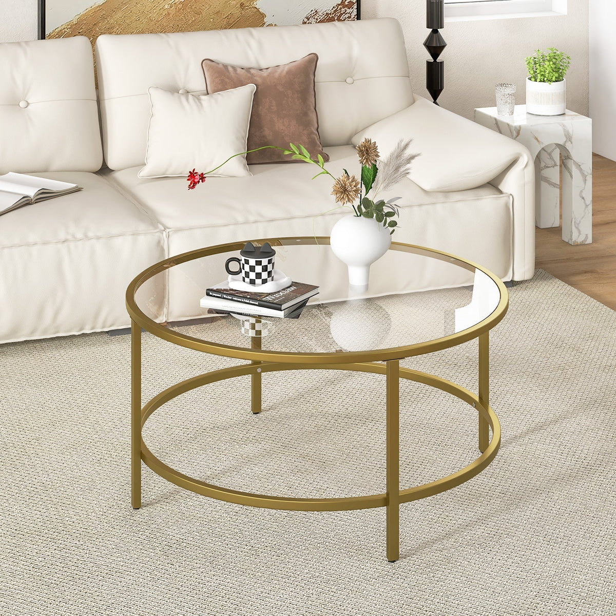 36 Inch Round Coffee Table with Tempered Glass Tabletop
