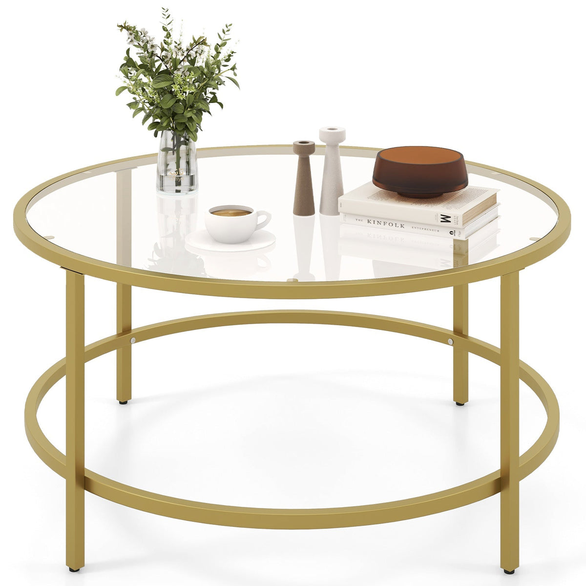 36 Inch Round Coffee Table with Tempered Glass Tabletop
