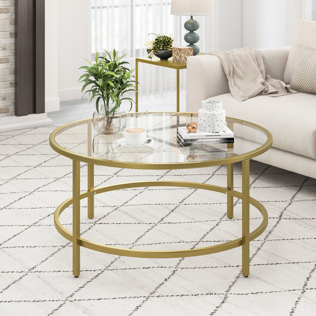 36 Inch Round Coffee Table with Tempered Glass Tabletop